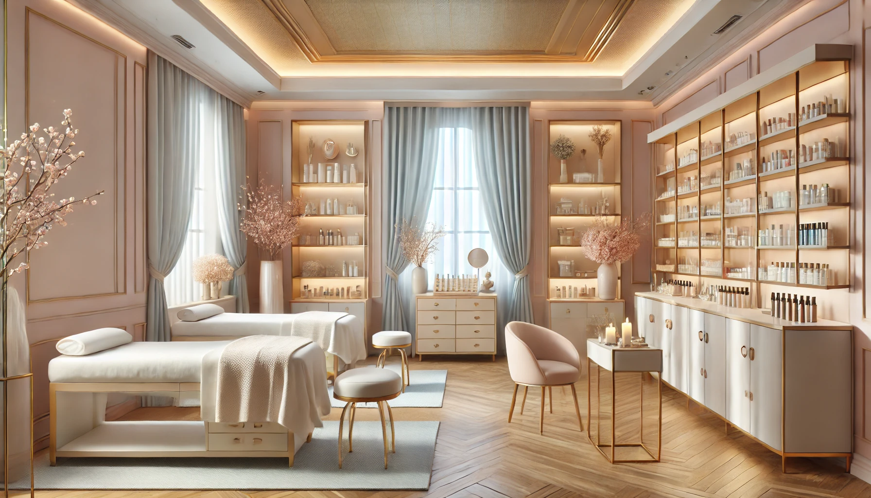 DALL·E 2024-12-21 17.29.02 - A modern beauty salon interior featuring an inviting and luxurious design. The room has pastel-colored walls, sleek furniture, soft lighting, and deli